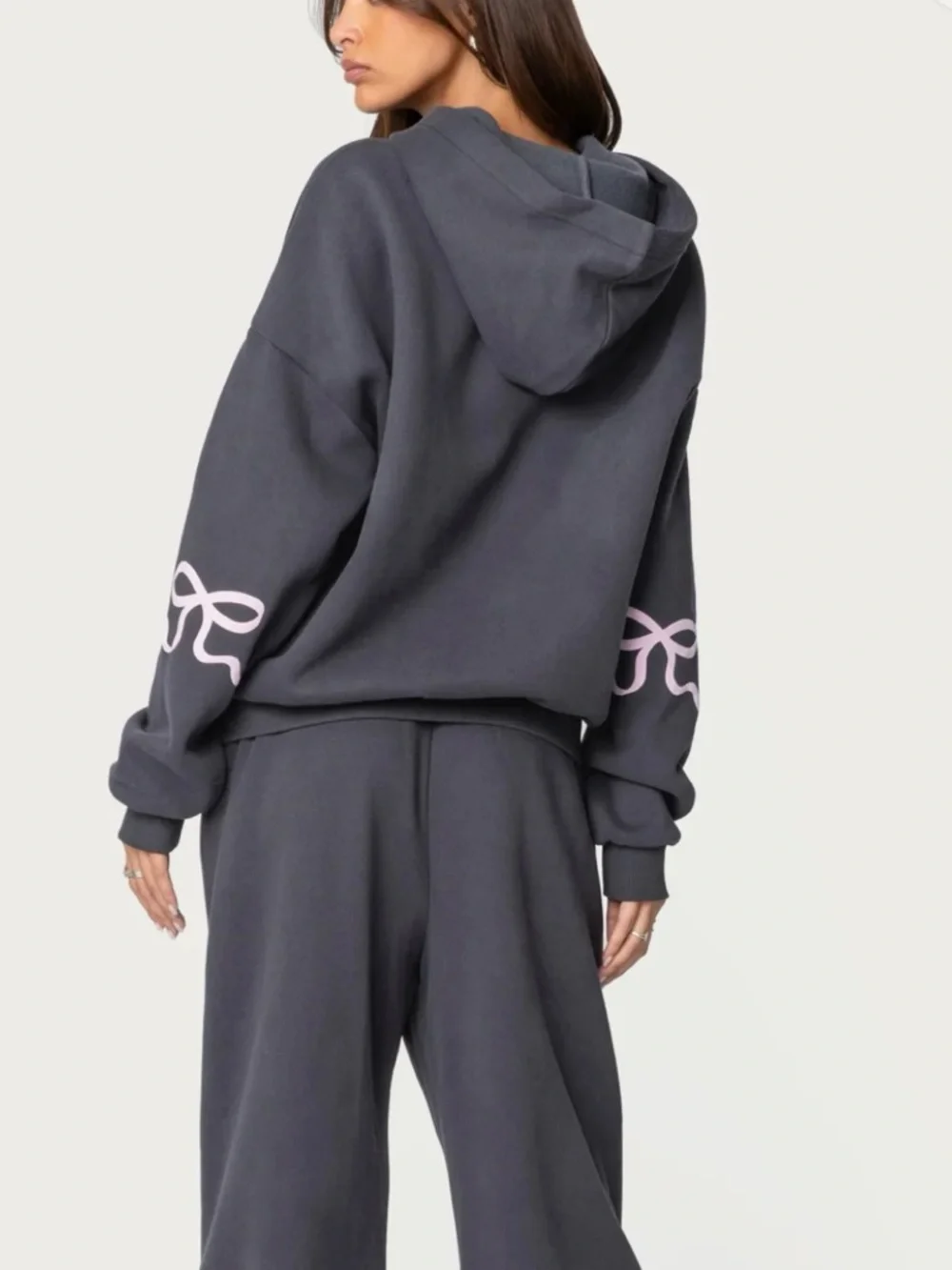 XS Edikted Dark Gray Hoodie Pink Bow Sleeve Oversized - Picture 3 of 7